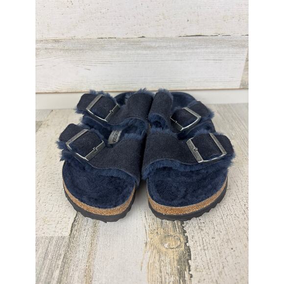 Birkenstock Shoes - Birkenstock womens 6.5 Arizona midnight blue suede leather shearling sandals
